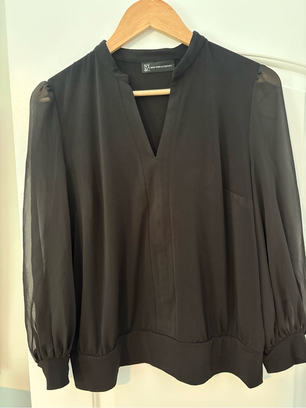 New York & Company Black V-Neck Blouse with Sheer Sleeves
